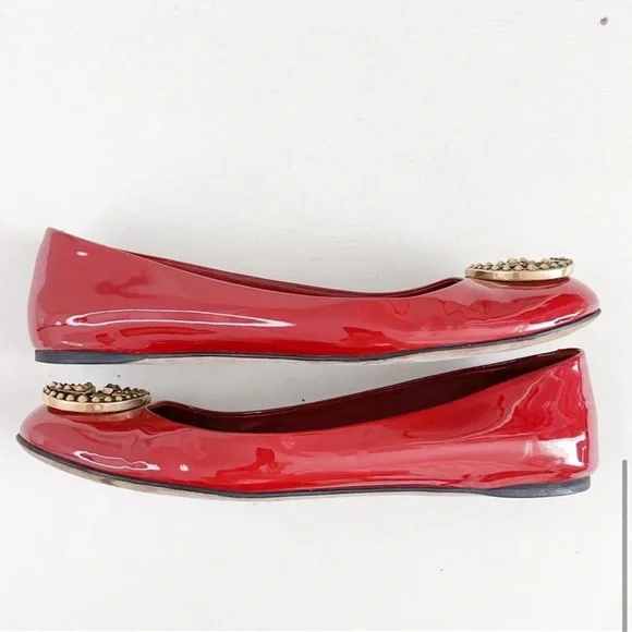 🎁❤️Gucci Red GG Logo Ballet Flats EU 37.5 US 7.5 Studded Patent Interlocking GG - Picture 3 of 8